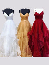 2027 Prom Dresses Organza Spaghetti Straps Criss Cross Ruffles V-Neck front view