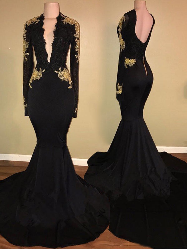 Black 2027 Deep V-Neck Prom Dresses Backless Long Sleeve Satin Black Mermaid Appliques