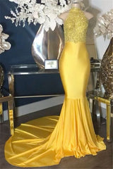 2027 Prom Dresses Mermaid Yellow High Neck Elastic Satin With Appliques front view