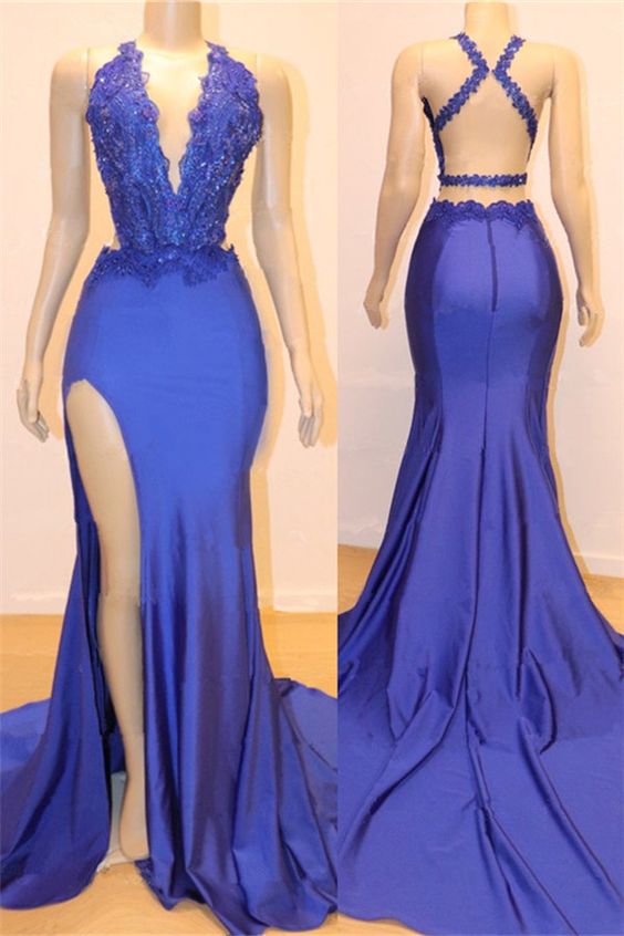 2027 Prom Dresses Sheath Side Slit Royal Blue V Neck Backless Lace front view