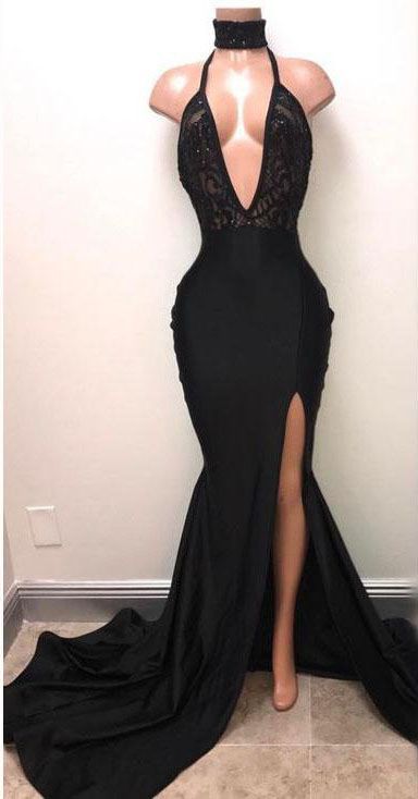 2027 Mermaid Prom Dresses Deep V Neck Side Slit Black Halter Lace front view