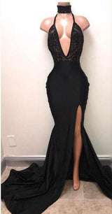 2027 Mermaid Prom Dresses Deep V Neck Side Slit Black Halter Lace front view