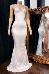 2027 Prom Dresses Mermaid White V Neck Backless Elastic Satin front view