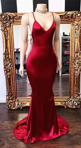 2027 Prom Dresses Red Mermaid V Neck Backless Elastic Satin front view