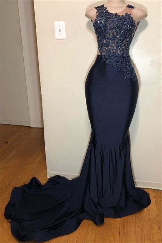 2027 Prom Dresses Dark Navy Long Stretchy With Appliques front view