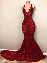2027 Prom Dresses Red V Neck Mermaid Sequence Backless Long front view