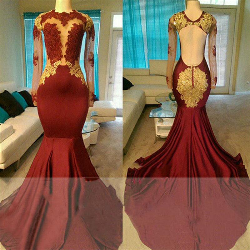 2027 Prom Dresses Mermaid Burgundy Long Sleeves Backless Gold Appliques front view