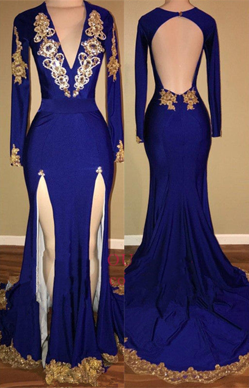 2027 Prom Dresses Royal Blue Side Slit Long Sleeves V Neck Backless Gold Appliques front view