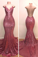 2027 Prom Dresses Mermaid Pink Sequence Halter Backless V Neck front view