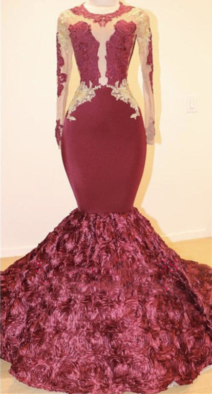 2027 Prom Dresses Mermaid Long Sleeves Burgundy Gold Appliques Rose front view