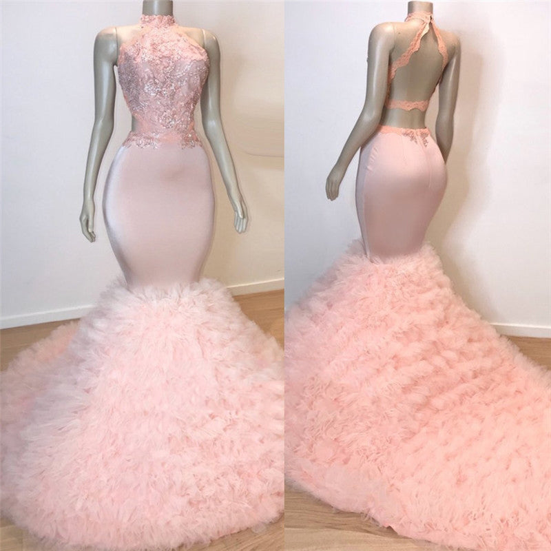 2027 Prom Dresses Mermaid Backless Tulle Pink High Neck Lace front view