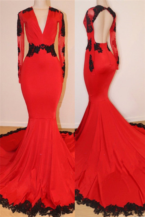2027 Prom Dresses Red With Black Appliques V Neck Long Sleeves front view
