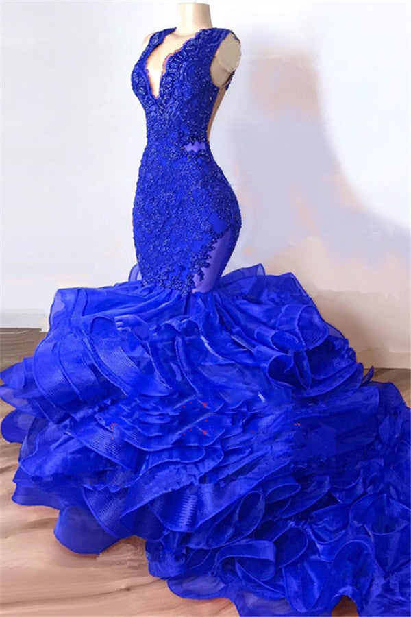2027 Prom Dresses Royal Blue Mermaid V Neck Organza Layered Lace Long front view