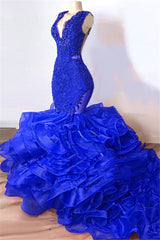 2027 Prom Dresses Royal Blue Mermaid V Neck Organza Layered Lace Long front view