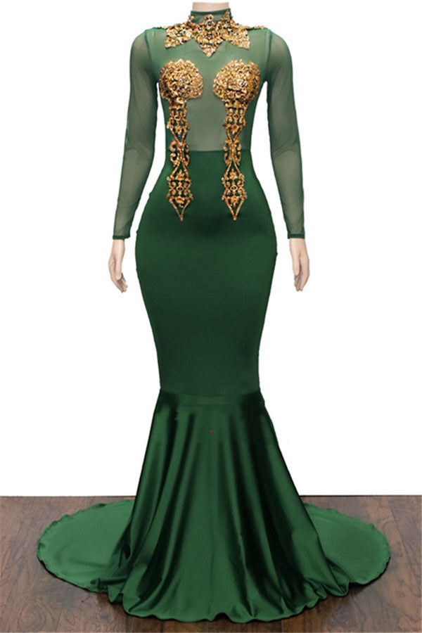 2027 Prom Dresses Hunter Long Sleeves High Neck Gold Appliques front view