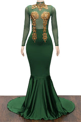 2027 Prom Dresses Hunter Long Sleeves High Neck Gold Appliques front view