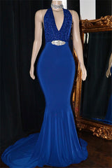 2027 Prom Dresses Royal Blue Mermaid Halter Beaded V Neck front view