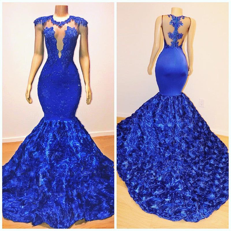 2027 Mermaid Prom Dresses Royal Blue Open Front Rose Lace front view