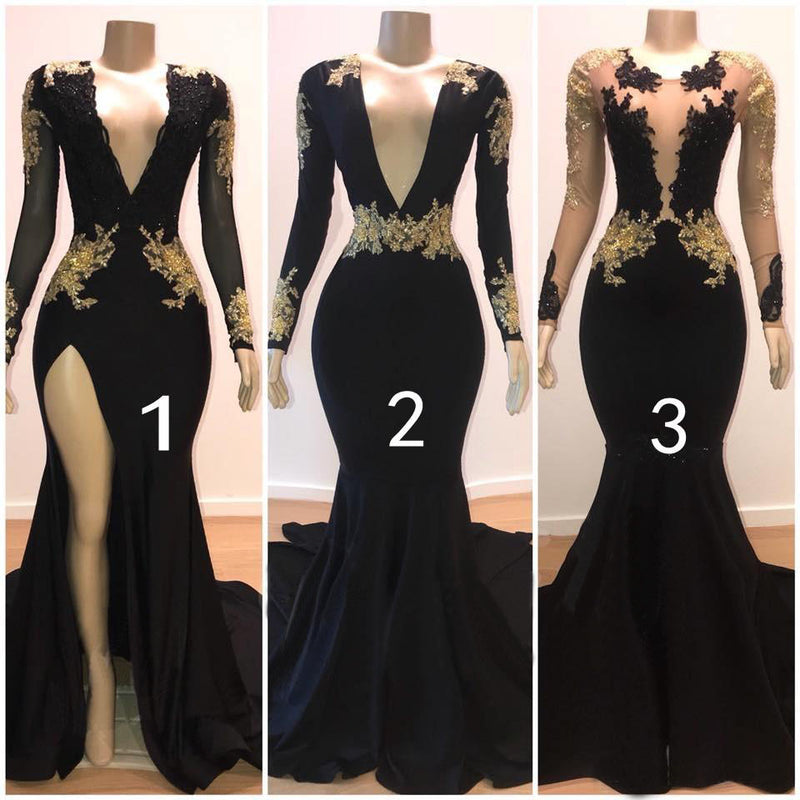 2027 Prom Dresses Black Mermaid Long Sleeves V Neck Gold Appliques front view