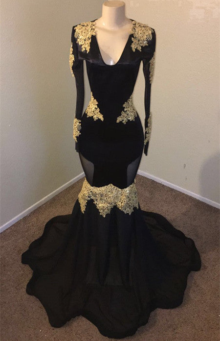 2027 Prom Dresses Black Mermaid Long Sleeves V Neck With Gold Appliques front view