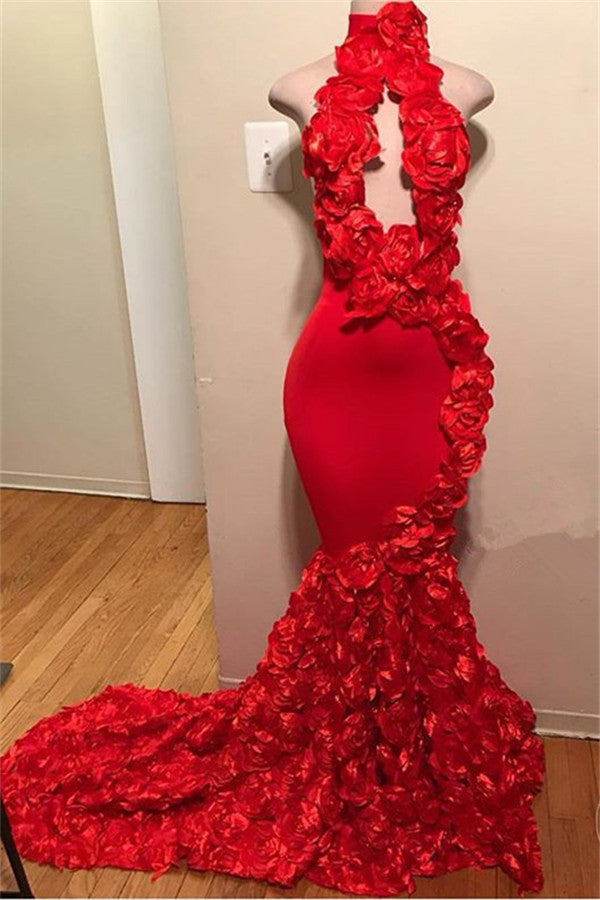 2027 Prom Dresses Red Mermaid High Neck Rose Open Front Backless front view
