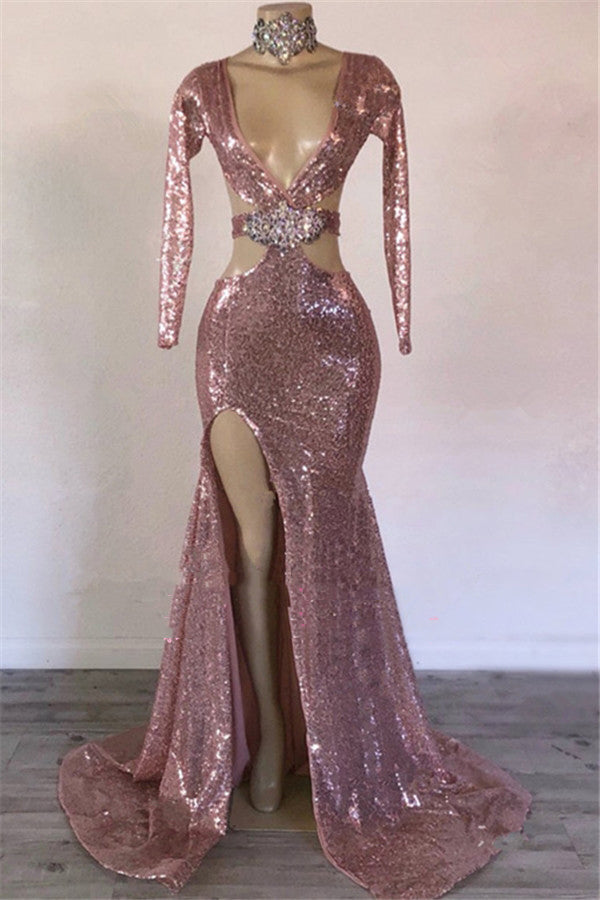 2027 Prom Dresses Sheath Pink Hollow Out Sequence V Neck Long Sleeves Beaded front view