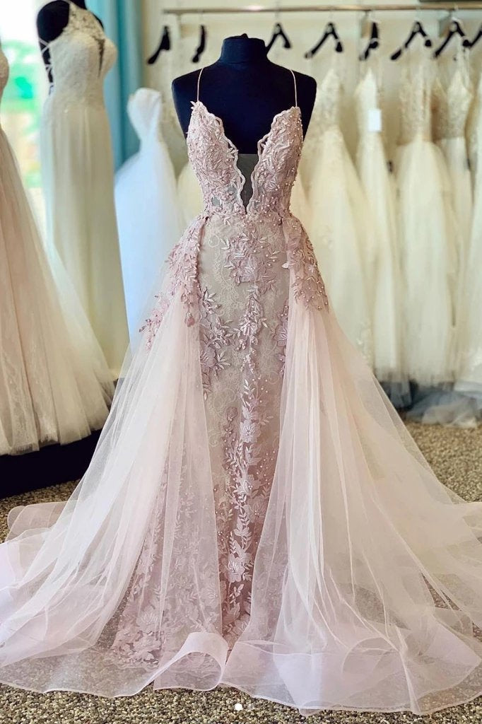 2027 Prom Dresses Pearl Pink Tulle Halter V Neck Lace Detachable Train front view