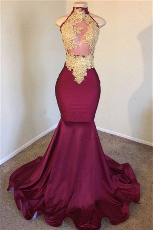 2027 Prom Dresses Satin Mermaid Burgundy With Gold Appliques High Neck front view