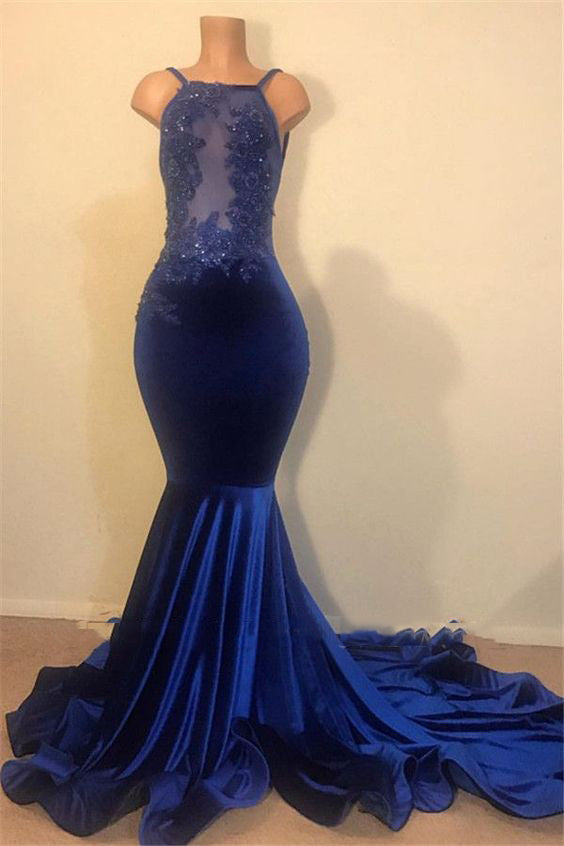 2027 Mermaid Prom Dresses Royal Blue Velvet Beaded Backless front view