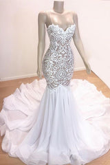2027 Mermaid Prom Dresses Sweetheart White Chiffon Lace Spaghetti Straps front view