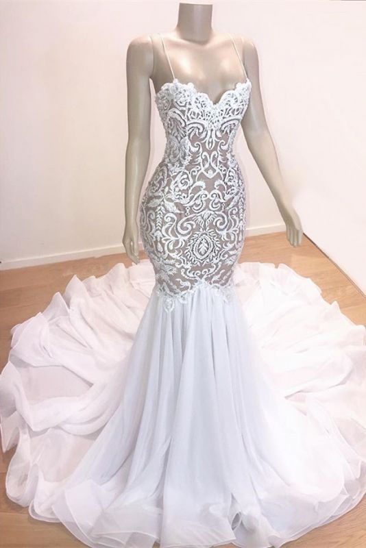 2027 Mermaid Prom Dresses Sweetheart White Chiffon Lace Spaghetti Straps front view