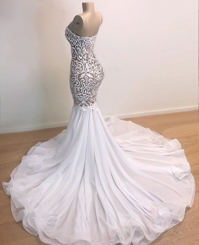 2027 Mermaid Prom Dresses Sweetheart White Chiffon Lace Spaghetti Straps back view
