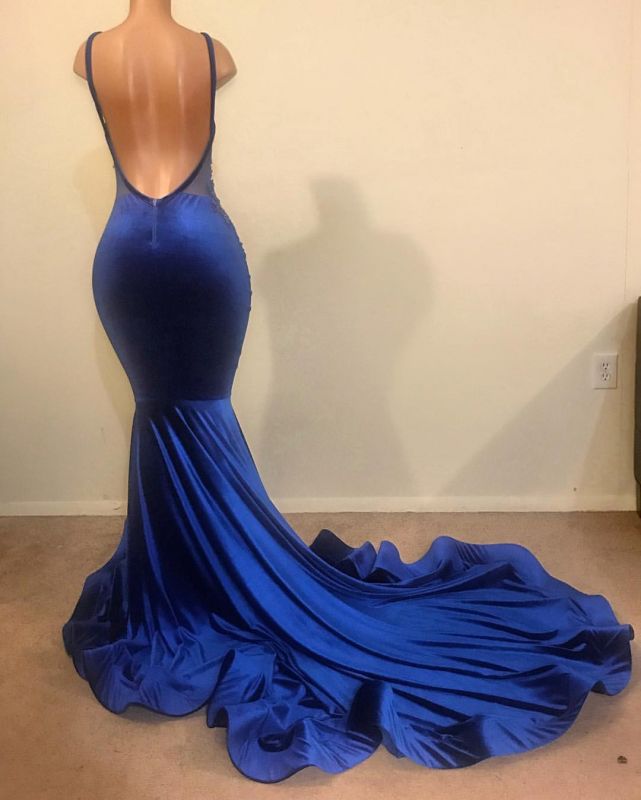 2027 Mermaid Prom Dresses Royal Blue Velvet Beaded Backless back view