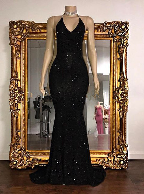 2027 Prom Dresses Black Halter Mermaid Sequence Backless front view