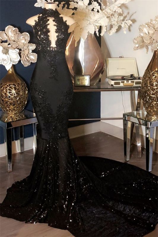 2027 Prom Dresses Designer Black Mermaid High Neck Sequence Open Front Long front view