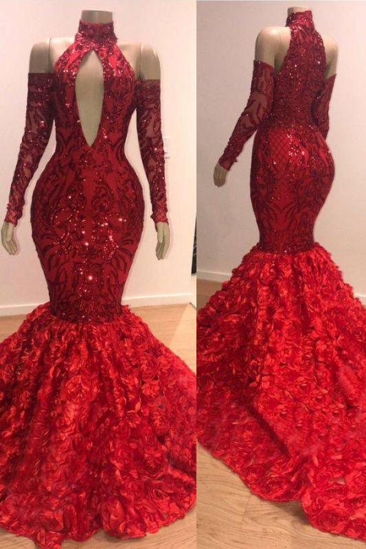 2027 Mermaid Prom Dresses High Neck Red Long Sleeves Hollow Out Open Front Lace front view