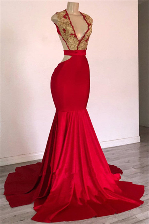 2027 Prom Dresses Mermaid Red V Neck Backless Gold Appliques front view