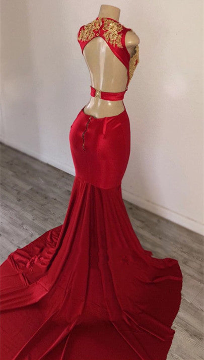 2027 Prom Dresses Mermaid Red V Neck Backless Gold Appliques back view