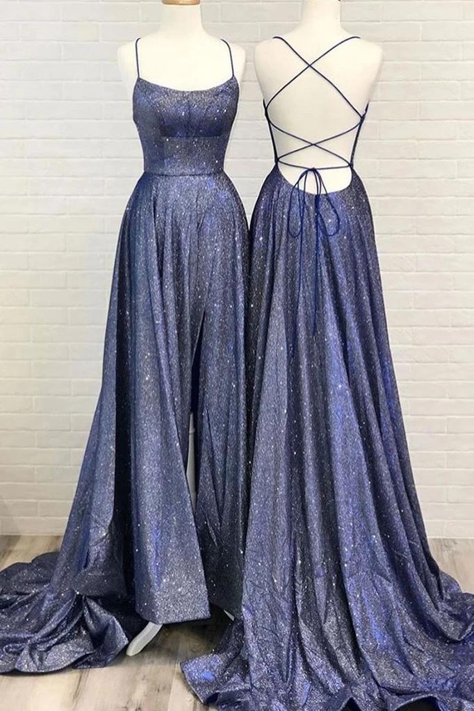 2027 Prom Dresses A Line Lace Up Purple Scoop Spaghetti Straps Sequence front view