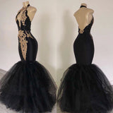 2027 Prom Dresses Black Mermaid Tulle With Gold Appliques V Neck Backless back view
