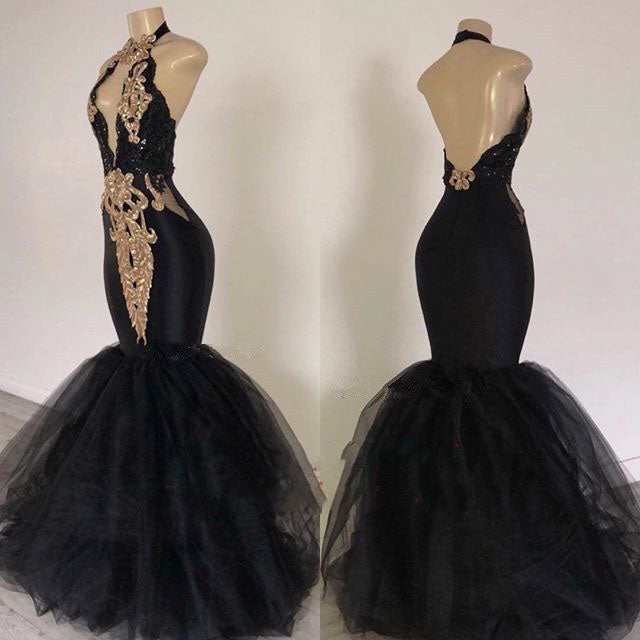 2027 Prom Dresses Black Mermaid Tulle With Gold Appliques V Neck Backless back view