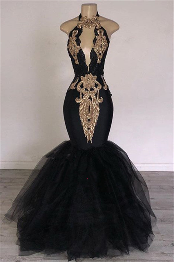 2027 Prom Dresses Black Mermaid Tulle With Gold Appliques V Neck Backless front view