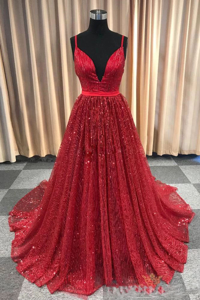 2027 A Line Red V Neck Lace Prom Dresses front view