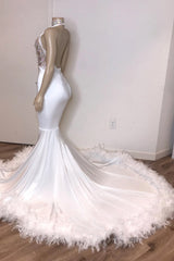2027 Prom Dresses White V Neck Mermaid Backless Halter Long With Feathers back view