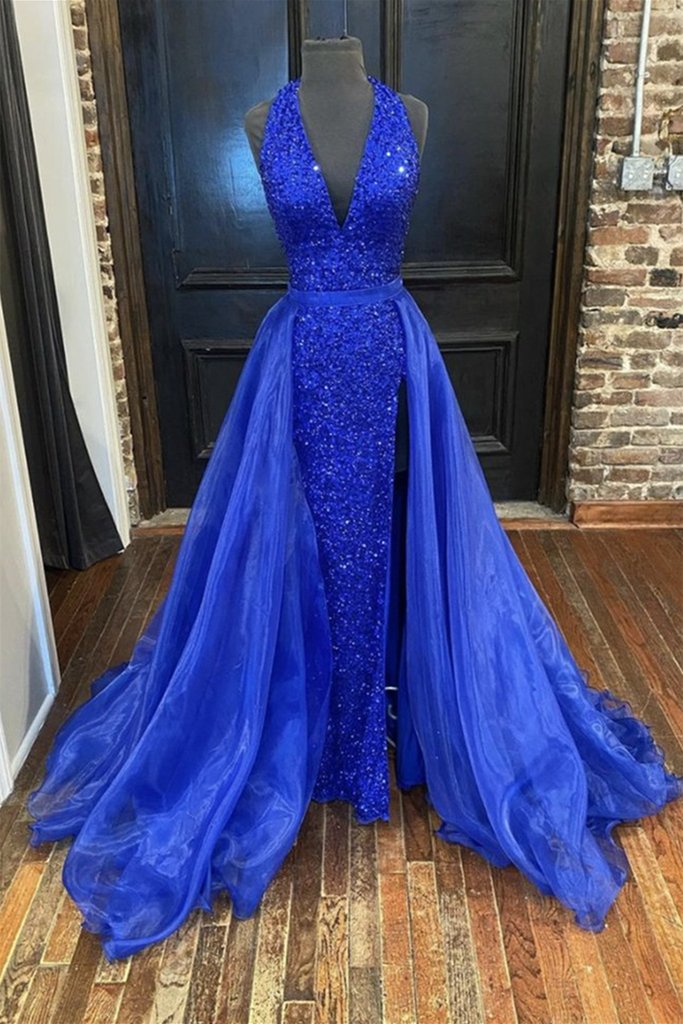2027 Prom Dresses Sheath Royal Blue Side Slit V Neck Detachable Train Sequence front view