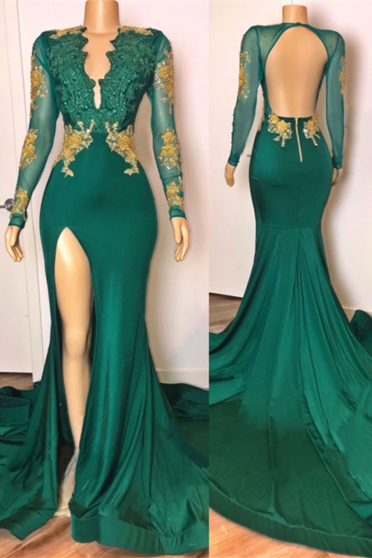 2027 Prom Dresses Long Sleeves Emerald Side Slit Open Front Backless Long Dress front view