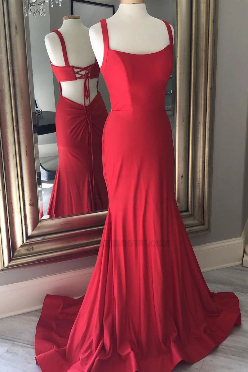 2027 Sheath/Column Satin Ruffles Square Sleeveless Sweep/Brush Train Prom Dresses front view