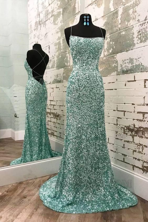 2027 Sheath/Column Spaghetti Straps Sleeveless Sequins Sweep/Brush Train Prom Dresses front view