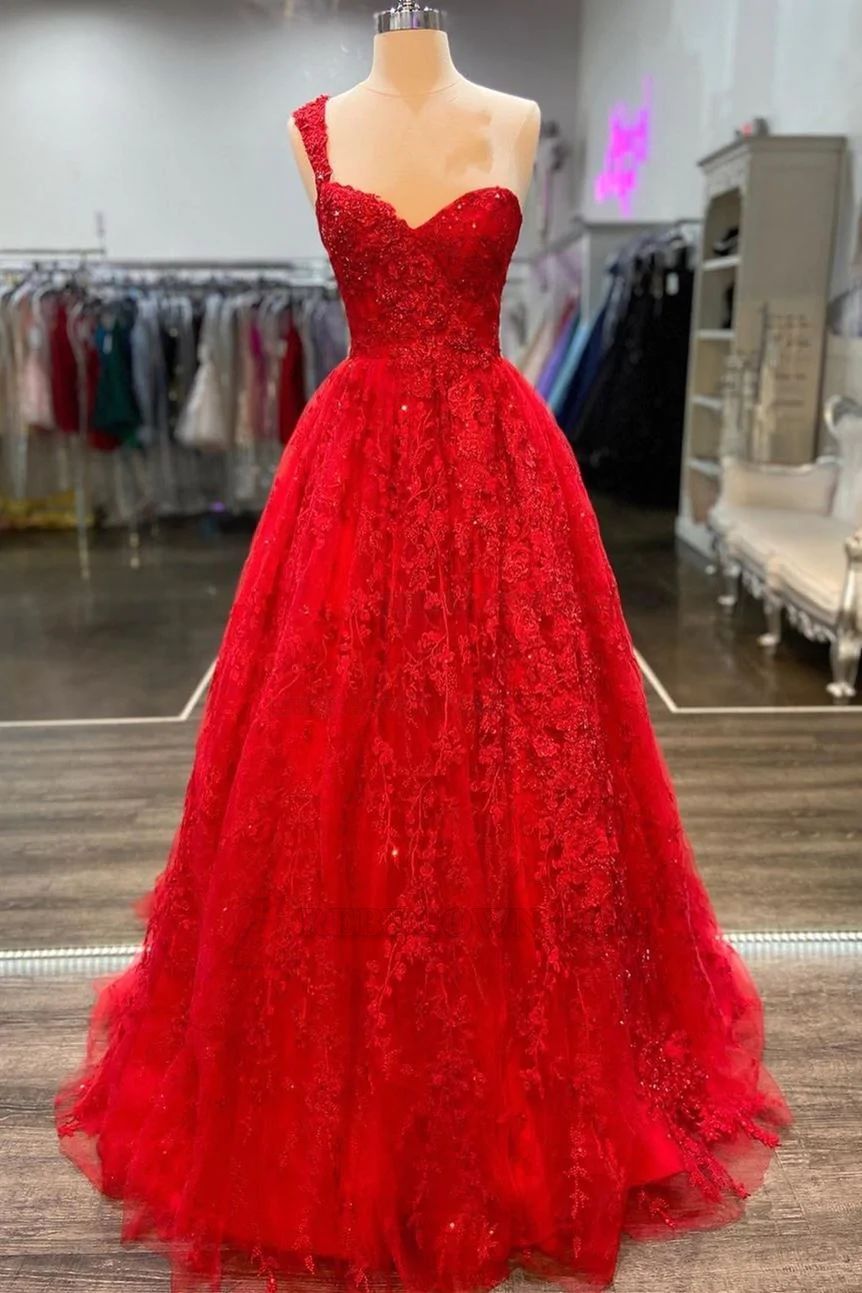 A-Line/Princess One shoulder Tulle Sleeveless Appliques Floor-Length 2027 Prom Dresses front view