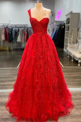 A-Line/Princess One shoulder Tulle Sleeveless Appliques Floor-Length 2027 Prom Dresses front view